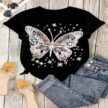 Butterfly Graphic T-Shirt, 100% Cotton Oversized Soft Breathable Casual Crewneck Short Sleeve Top, Romantic Aesthetic Summer Vibes Tee For Women & Nature Lovers - 黑色 - 查看 18