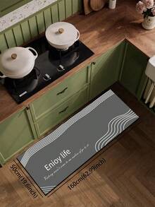 1pc Diatom Mud Kitchen Floor Mat With Dark Grey Background, White Parallel Curved Line Decor On Four Corners, White "Enjoy Life" Theme English Text And Small Lettering In The Center, Minimalist Ins Style Line Letter Geometric Pattern, Luxury Fashionable Cushioned Anti-Fatigue Kitchen Rug - Multicolor - View 18
