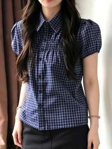 復古格紋領泡泡袖女款夏季通勤百搭襯衫 - 藏蓝色 - 查看 5