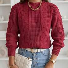 Women's Long-Sleeved Ribbed Blouse With A Round Neck And Braided Knit Details, In A Wool-Like Fabric. - 紅色 - 查看 1
