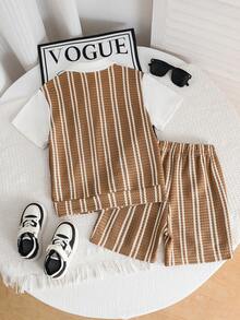 2pcs/Set Young Boy Casual Striped Patchwork Short Sleeve Polo Shirt And Shorts Set, Suitable For Summer Daily Casual Outings - Camel - View 2