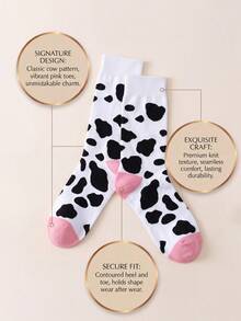 2 paires de chaussettes mi-mollet unisexes à base blanche avec contraste rose & violet, imprimé vache, respectueuses de la peau, respirantes, style mignon, convenant pour la maison, le port quotidien et les cadeaux - Multicolore - Voir 8