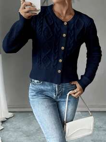Women's Autumn/Winter Knit Cardigan Sweater, Short Length Long Sleeve Top, Layering Piece Fall - Navy Blue - View 3