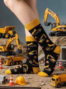 1 par de calcetines unisex de moda y divertidos con patrón de excavadora, adecuados para uso al aire libre y en todas las estaciones - Multicolor - Ver 1