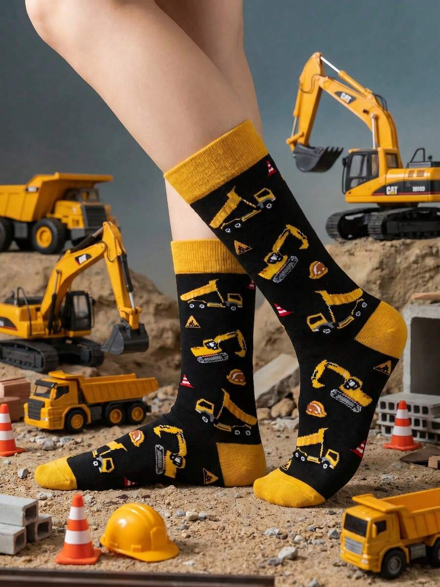 1 par de calcetines unisex de moda y divertidos con patrón de excavadora, adecuados para uso al aire libre y en todas las estaciones - Multicolor - Ver 1