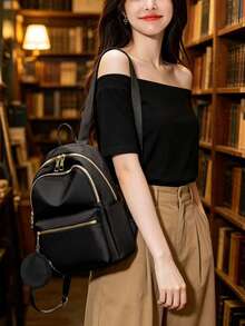 Large Capacity Solid Color Nylon Fabric Women's Backpack Classic Style Women's Bag - Black - View 4