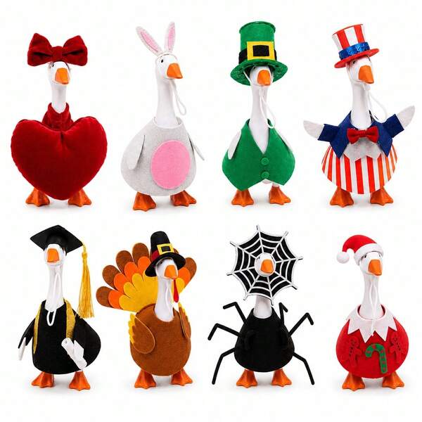 8 Set Desk Goose Outfits Holiday Set – 7 Inch Goose Outfits Felt Clothes, Cute Decor Accessories For Magnetic Desk Geese Or Duck Statue For Spring, ‌Summer, Independence Day And More(The Goose Statue Is Not Included)