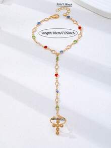 1pc Gold-Plated Multicolor Cubic Zirconia Cross Bracelet Ring Combo Chain - Exquisite Rainbow Zirconia Finger Chain, Women's Jewelry - Cross Ligature Bracelet - View 3