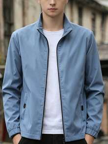 Men's Light Blue Solid Color Stand Collar Zip-Front Casual Jacket, Elastic Cuffs Side Pockets Lightweight Daily Commute Windproof Outerwear - Blue - View 2
