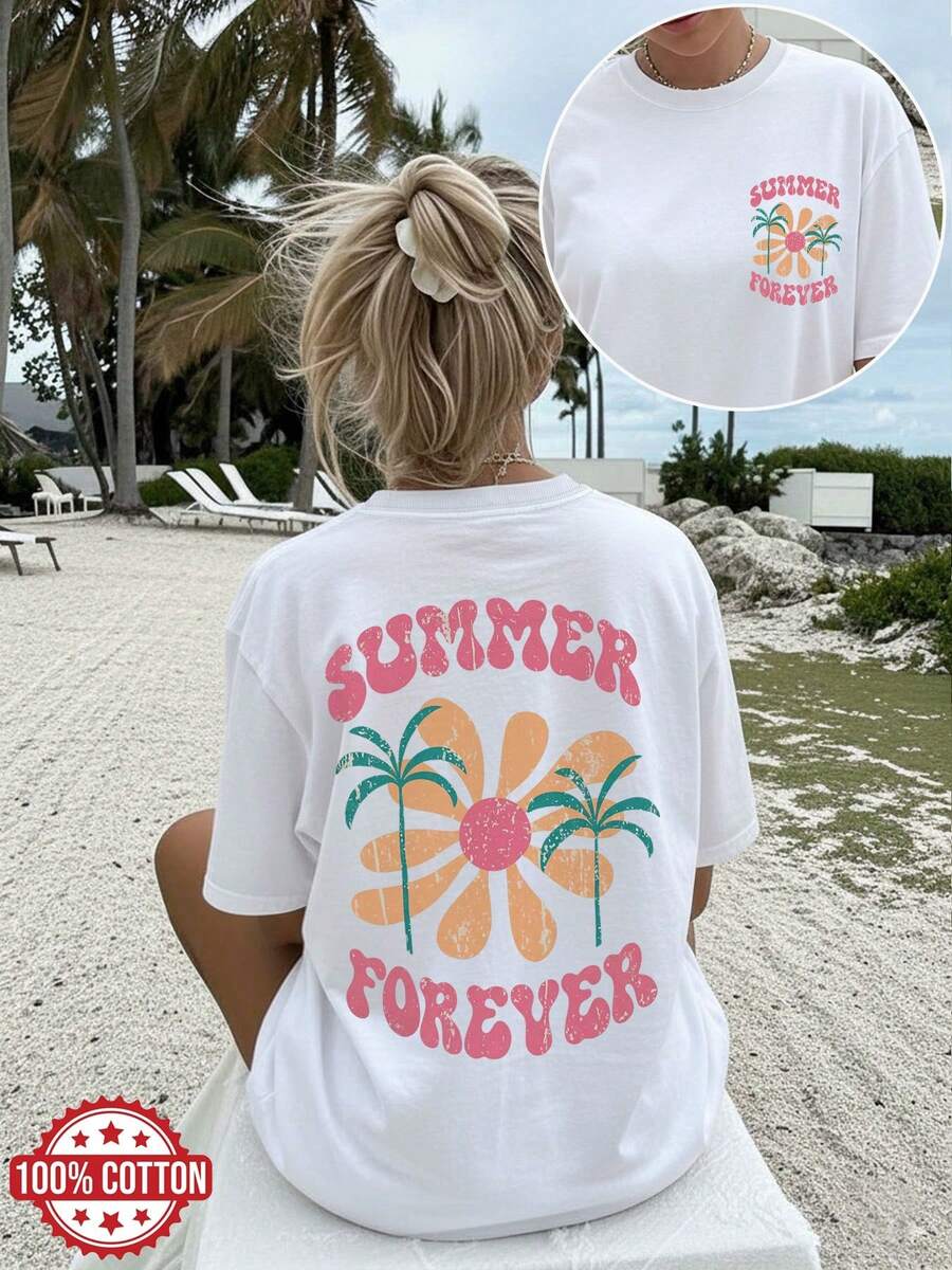 [Double-Sided Print] Women's Summer Casual T-Shirt, Vintage Style, Floral And Coconut Print, Short Sleeve Crew Neck T-Shirt, 100% Cotton - 白色 - 查看 1