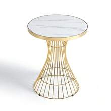 60cm Round Marble Texture Small Table, Gold Shaped Steel Base, Glossy Tabletop, Suitable For Living Room/Dining Room/Coffee Corner - White - View 8