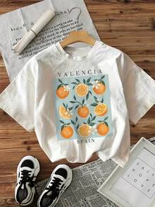-Orangefarbenes, kurzärmeliges T-Shirt mit Rundhalsausschnitt und dem Aufdruck VALENCIA ESPAÑA, für den Sommer. - Weiss - Übersicht 1