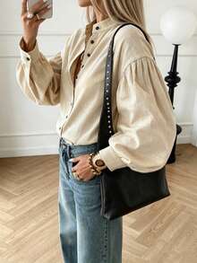 YI XUAN Plus Size Women's Linen Fabric Long Sleeve Shirt, Stand Collar Shirt, Women's Casual Shirt, School Uniform Shirt, Elegant Women's Shirt - Apricot - View 9