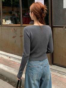 Women's Solid Color V-Neck Long Sleeve Front Button Ribbed Casual Cardigan, Autumn/Winter Fall - Grey - View 4