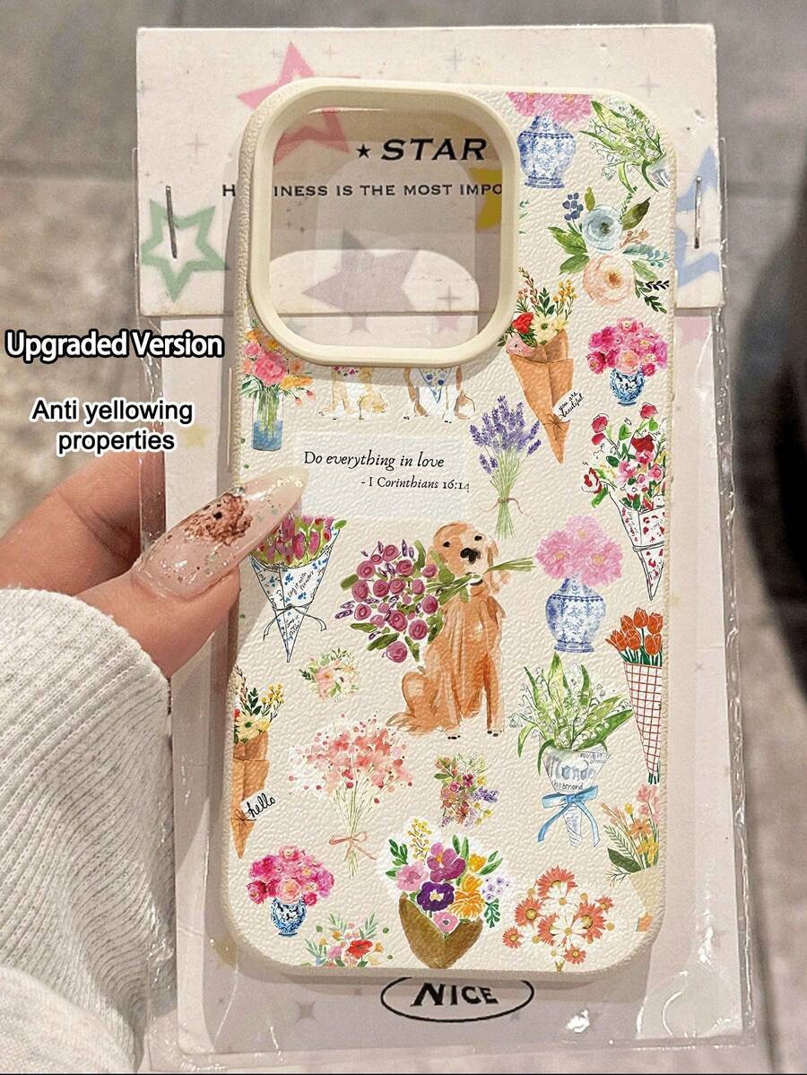 A Stylish Phone Case That Does Not Include A Lanyard Or Stand. Fashionable Dog-Themed Phone Case, Shockproof, 1 Piece, New Soft, Non-Slip Textured Case With A Watercolor Floral Bouquet And Puppy Design, Compatible With [Phone Type] And Other Phones, International Version, Not The Domestic Version, Spring Birthday Gift. - 多色 3 - 查看 1