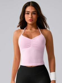 NcmRyu Top deportivo para mujer de 1 pieza, color liso, cuello halter, tirantes finos ajustables, escote en V, fruncido y espalda descubierta - Rosa - Ver 5