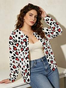 ASHKATIA Leopard Print Heart Pattern Women's Plus-Size Vintage Cardigan Sweater, Fall Winter Knit For Social Occasions - Multicolor - View 7