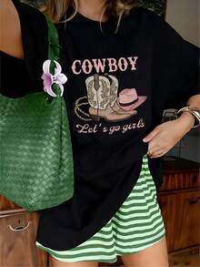 Retro Western Cowboy Let's Go Girls Graphic T-Shirt, 100% Cotton Oversized Soft Breathable Fun Tee, Casual Crewneck Short Sleeve Top For Bachelorette Parties & Nashville Trips - 黑色 - 查看 10