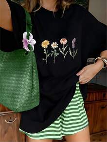 Cottagecore Vintage Wildflower Graphic T-Shirt, 100% Cotton Oversized Soft Breathable Cozy Tee, Casual Crewneck Short Sleeve Top For Summer & Nature Lovers - 黑色 - 查看 12