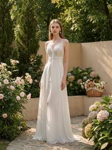 YOUKEFEIER Minimalist Sexy Backless Bohemian Style Outdoor Chiffon Wedding Dress White Dress Suitable For Wedding Party - Beige - View 4