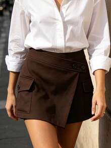 Saia-Short Cargo Feminina de Tecido Trançado Cor Sólida, Shorts Casuais Leves de Verão Sem Elasticidade, Estilo Francês da Moda - Chocolate - Visão 2