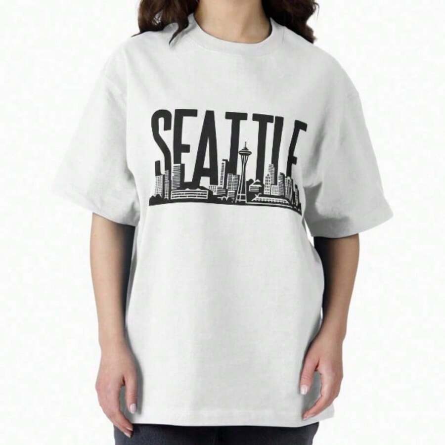 Camiseta con la aguja espacial frente a una ciudad colorida - Rojo y blanco - Ver 1