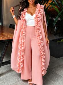 AOMEI Elegant Women's Soft Pink Loose Tulle Sheer Kimono Dress With Ruffle Front Opening And Drawstring Design, Wedding Guest Party Dress - Baby Pink - View 6