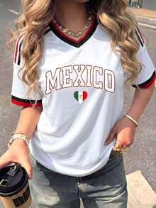 Loose-Fitting Women's T-Shirt, Printed With The Colors Of The National  And The Mexican Flag, Ideal For The National Team. Comfortably Soft For Everyday Wear. - 藍白色 - 查看 1