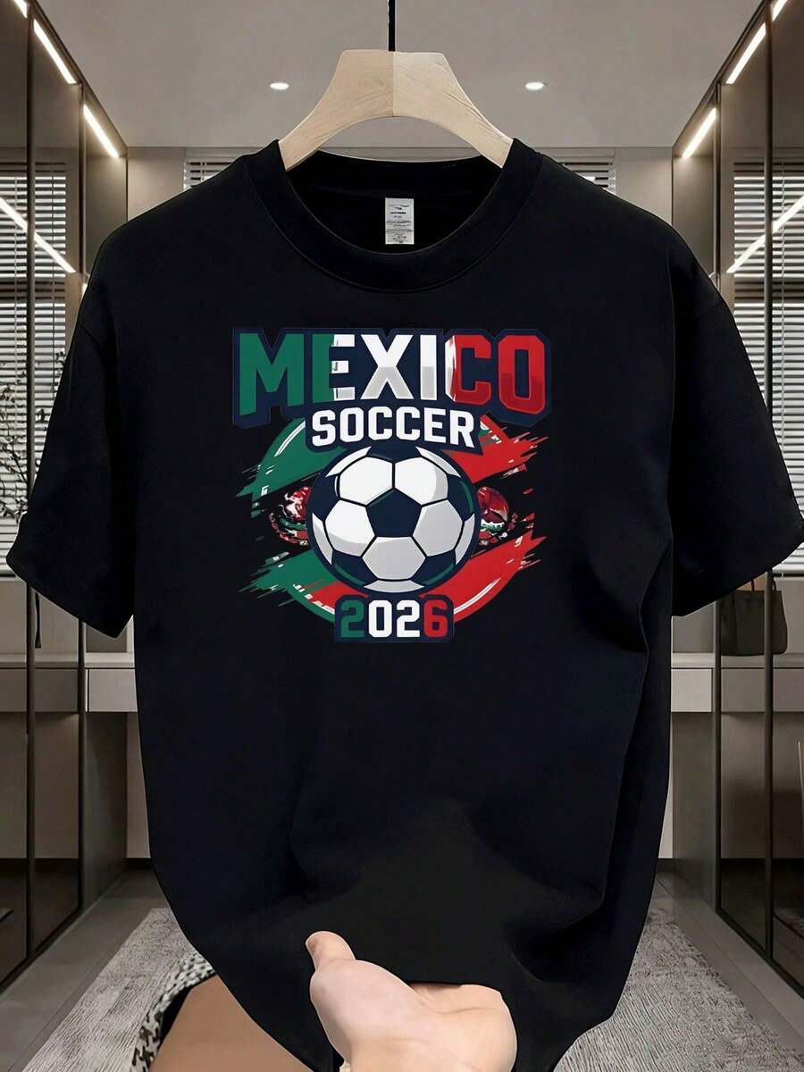 Men's T-Shirt, New Summer Collection 2026, Men's Casual Urban Style T-Shirt With Mexican Soccer Design 2026, Casual Sportswear For Adults. 1OUE - 黑色 - 查看 1