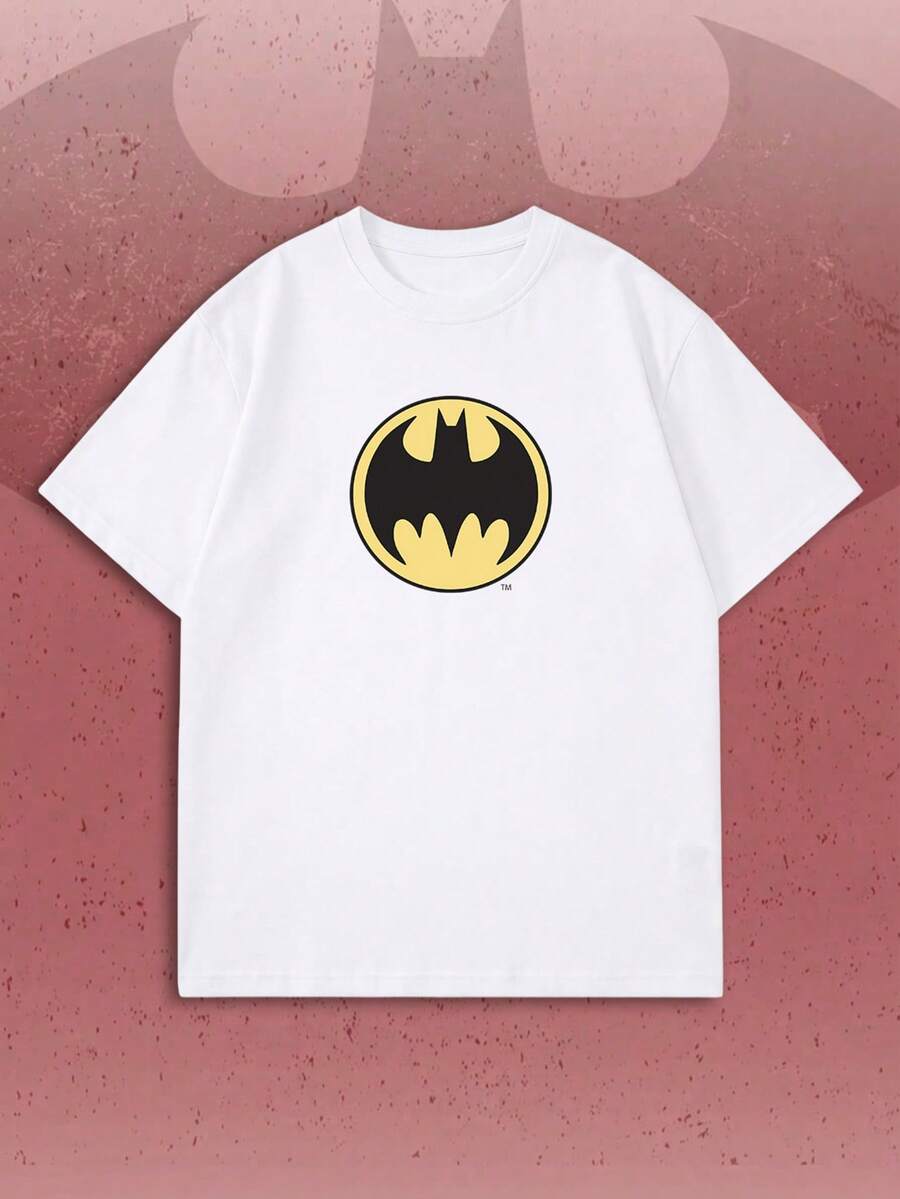 SHEIN X BATMAN Women Radial Line Bat Logo Crew Neck Tee, Loose Street Tops For Daily Outfit, Comic Con & Summer Party Occasions - White - View 1
