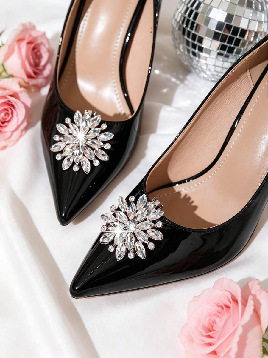 2 piezas Accesorios de zapatos desmontables DIY, clips de zapatos de mujer elegantes y de moda con forma de flor de girasol de metal con strass, dijes para bolsos, decoración para zapatos de tacón alto en negro, blanco y rojo para oficina y negocios - Blanco - Ver 1