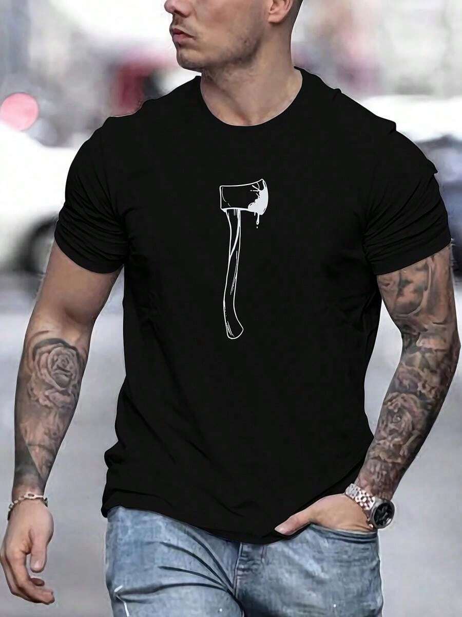 Camiseta para Hombre Hacha Minimalista, Cómoda y Transpirable, Ideal para Dise?os Grunge, Uso Casual y Regalos - Negro - Ver 1