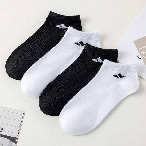 5/6/10 Pairs Unrestricted Low-Cut Short Socks, Available In Black And White, Minimalist Triangle Logo Design On The Side, High Elastic Ribbed Cuff, Breathable And Dry, Suitable For Sports Wear