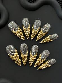 Y2K French Minimalist Luxury 33mm Long Pointed Handmade Press-On Nails, Gold Half-Round Bead Inlay, Glitter Base, Handmade, Exquisite, Creative, Versatile, Personalized, Elegant, Gift, Suitable For Wedding, Party, Outdoor, Beach, Daily, Holiday, Gathering, Work And Special Occasions - 10pcs/Bag - 彩色 - 查看 2