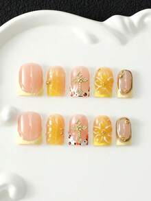 10Pcs Handmade Acrylic Multi-Layer Gel French Press On Nails Kit With Nail Tools, 3D Removable Hand Painted False Nail Tips With Rhinestone Cross Embossed Floral Design, Glitter Shiny Reusable,Y2K Sweet Cool Girl Style For Daily Party Holiday Outfit - 彩色 - 查看 2