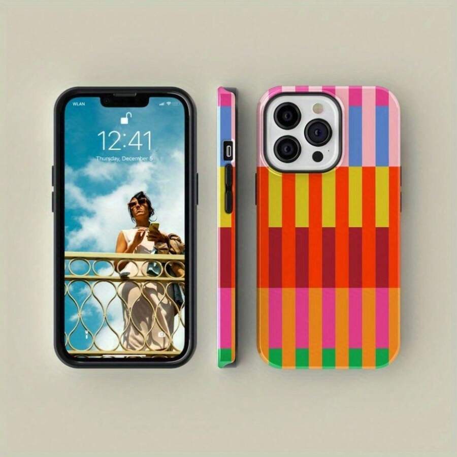 Una elegante funda para teléfono que no incluye cordón ni soporte. Funda para teléfono duradera con rayas de colores. | Funda para teléfono con impresión de patrón completo, dos en, suave y rígida, para 16 Pro, 15/14 PLUS, 13/12/11 Pro - Colores mezclados 1 - Ver 1