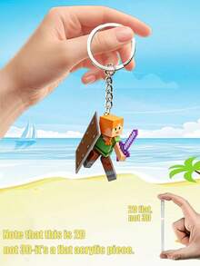 Minecraft‑Inspired Alex Figure Keychain, Solid Durable Resin‑Made Pendant With Matching Shield And Purple Sword, Rust‑Proof Metal Split‑Ring And Linked Chain, Lightweight Design For Hanging On Car Keys And Backpacks. - Multicolor - View 4