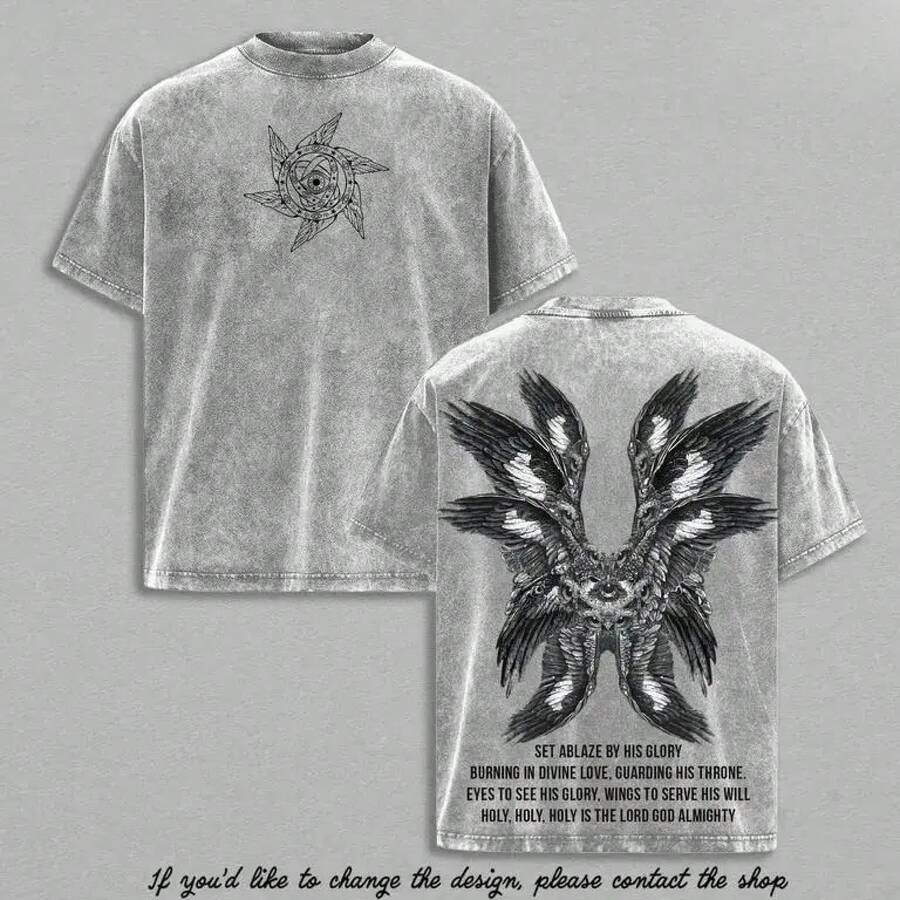 Camiseta Lavada Vintage Algodón Grueso con Doble Estampado Ilustrativo Gráfico, Corte Unisex Variedad de Tallas, Prenda Casual Moda Urbana Estilo Dibujo Manga - Gris - Ver 1