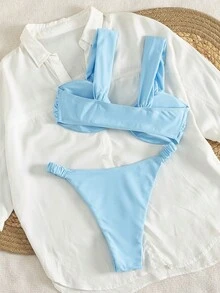 PEPPERMOLLY New Solid Color Padded Thick Strap Ruched Sexy Bikini Set, Summer Beach Fashion Women's Swimwear Vacation - Blue 3 - View 3