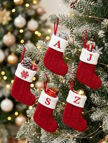 1Pc Red Knitted Christmas Hanging Stocking, Initial Letter A-Z Knitted Xmas Stocking, Ornament Stocking, Christmas Tree Decoration, Christmas Gift, Merry Christmas Party Decor, Christmas Decoration, Xmas Decor, Decor, Decor, Christmas Home Decor - Multicolor - View 2