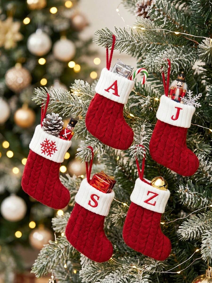 1Pc Red Knitted Christmas Hanging Stocking, Initial Letter A-Z Knitted Xmas Stocking, Ornament Stocking, Christmas Tree Decoration, Christmas Gift, Merry Christmas Party Decor, Christmas Decoration, Xmas Decor, Decor, Decor, Christmas Home Decor