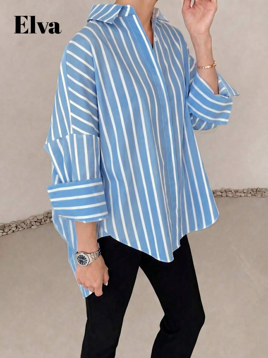 ELVA 女款藍色條紋長袖寬鬆襯衫,女式上班上衣,情人節、秋季、返校適用 - 淺藍色 - 查看 1