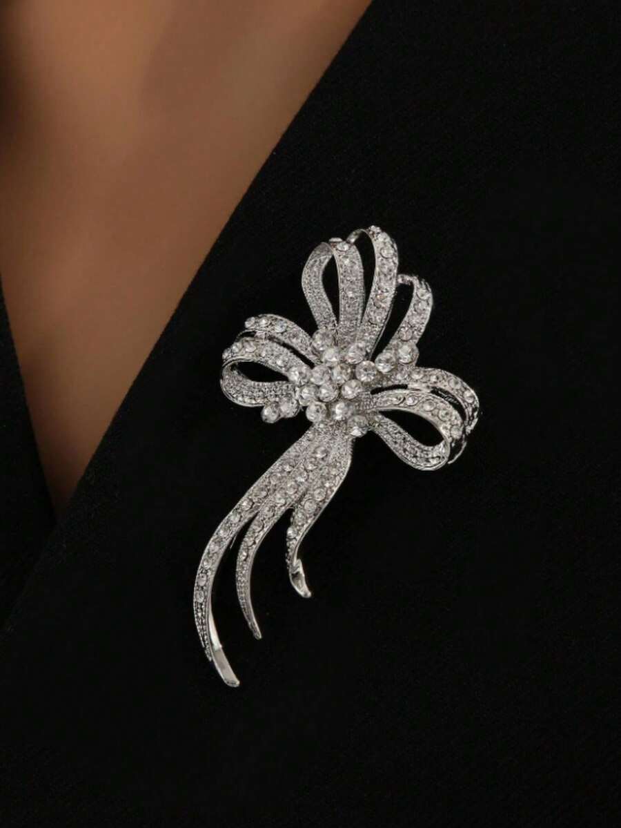 Elegant Minimalist Rhinestone Bow Fashion Brooch Women's Accessory - Silver - View 1