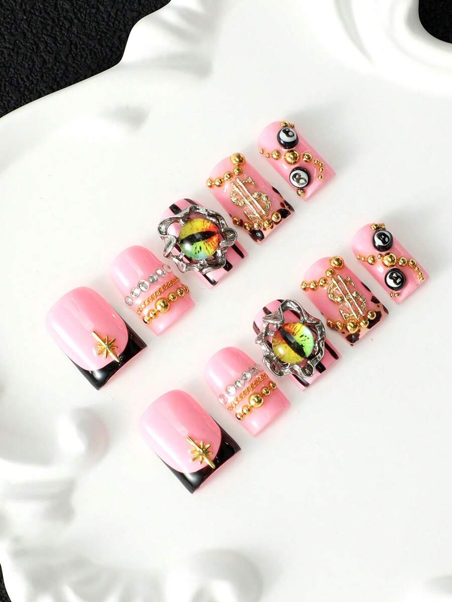 10 Buah Kit Kuku Palsu French Press Gel Multi-Layer Akrilik Buatan Tangan dengan Alat Kuku, Ujung Kuku Palsu 3D yang Dapat Dilepas dan Dilukis Tangan dengan Hiasan Mata Jahat & Rhinestone Logam Dollar, Gaya Gadis Keren Manis Y2K untuk Pakaian Pesta Liburan Sehari-hari, Dapat Digunakan Kembali - MultiWarna - View 1