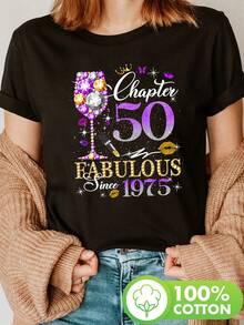 bial dorado, 50 cumpleaños, Capítulo 50 1975, Camiseta con estampado de diamante de la Reina de los 50 años, Top casual de manga corta y cuello redondo para verano y primavera, Ropa de mujer - Negro - Ver 1