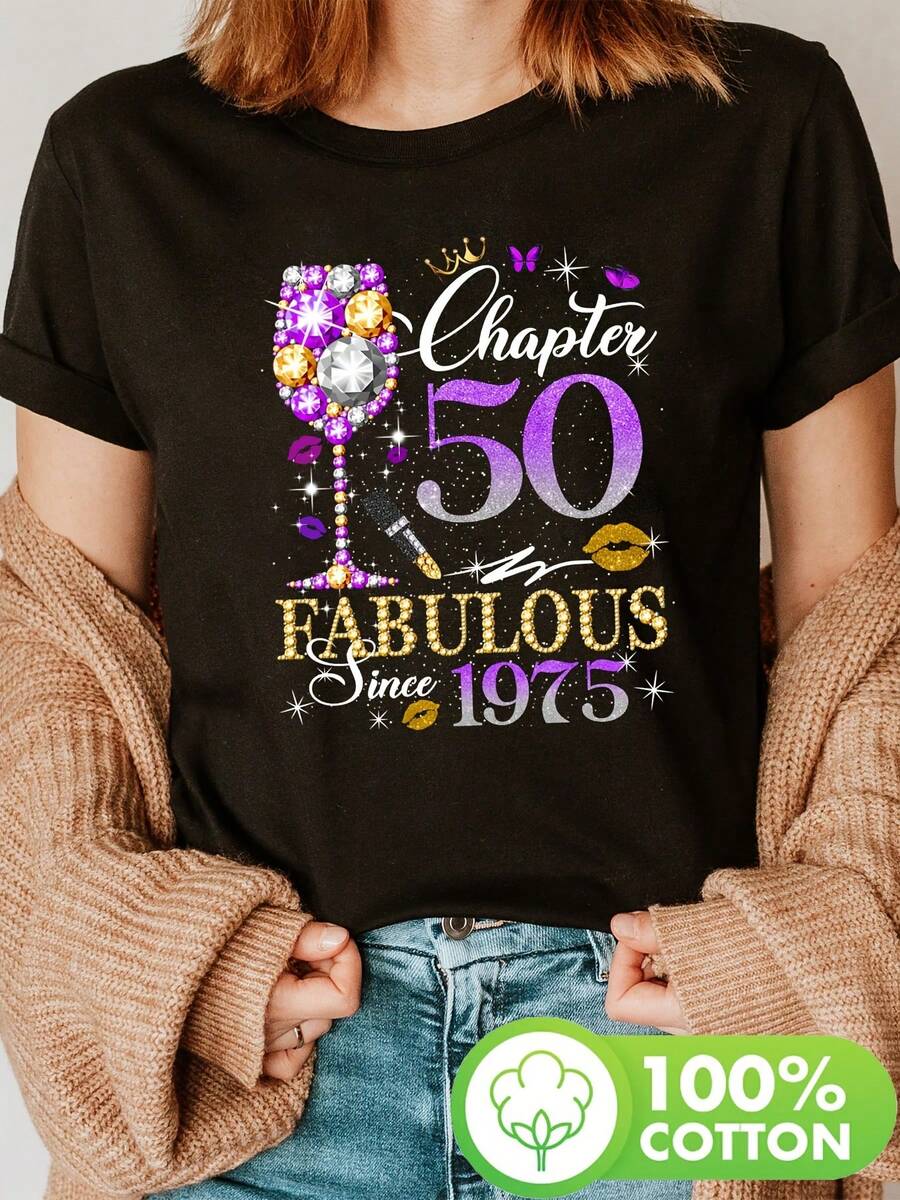 bial dorado, 50 cumpleaños, Capítulo 50 1975, Camiseta con estampado de diamante de la Reina de los 50 años, Top casual de manga corta y cuello redondo para verano y primavera, Ropa de mujer - Negro - Ver 1