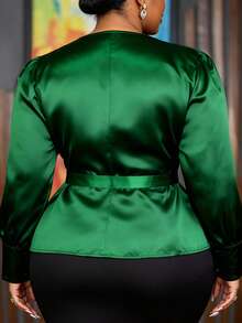 Plus Size Green Elegant Satin Peplum Blouse With Waist Belt 3D Flower Long Sleeves Slim Fit Top Elegant Office Work Party Formal Occasion Fall Outfit - Green - View 2