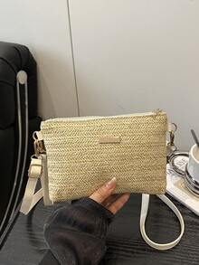 春夏新款草編女包 百搭批發小眾 肩背斜背甜美小方包 - 米色 - 查看 5