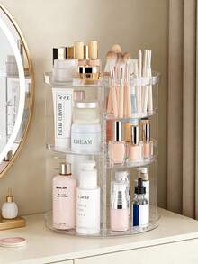 Organizador de cosméticos giratorio 360° DIY ajustable, soporte giratorio para maquillaje, caja de almacenamiento de cosméticos de gran capacidad, soporte para brochas de maquillaje, adecuado para mesa de tocador (transparente) - Multicolor - Ver 13