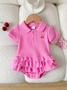 Pink Cherry Blossom Embroidered Baby Girl Polo Dress, Breathable Fabric, 3-Layer Ruffle Skirt, Casual Jumper Dress For Children - Rose Red - View 1